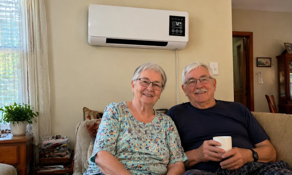 Senior-Ehepaar im Wohnzimmer mit Coolzy an der Wand