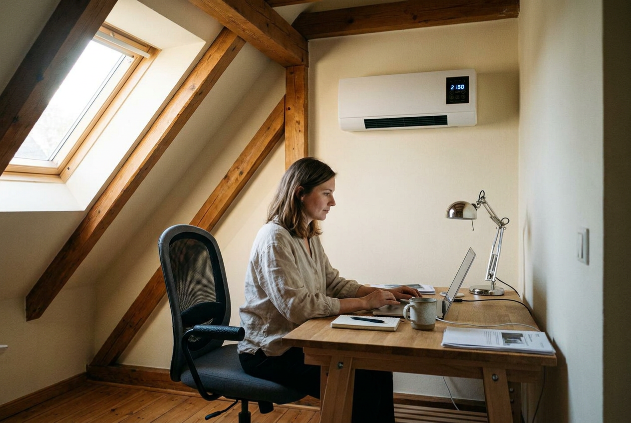 Coolzy in Annas Spitzboden-Home-Office — arbeiten bei 24 °C, draußen 33 °C
